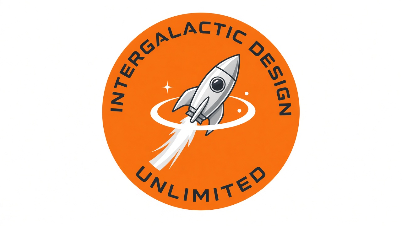 A bright orange round badge with a rocket for Intergalactic Design Unlimited, our design brand.