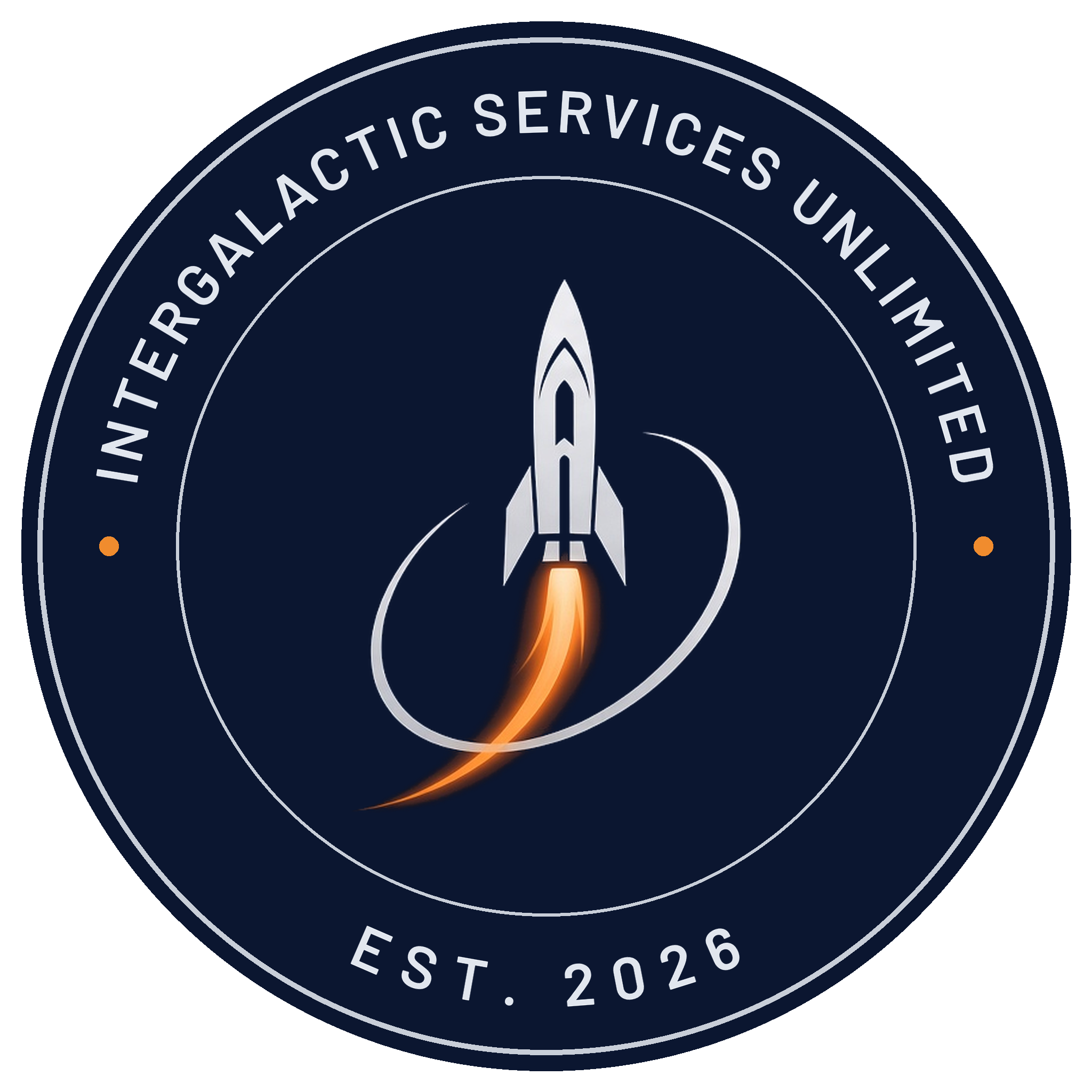 A round seal version with the rocket in the center and "Est. 2026" at the bottom. Made for stamps, stickers and badges.