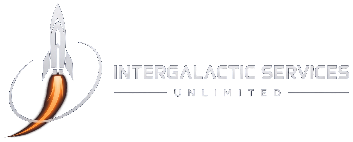 Our main logo. A rocket with an orange orbit beside the Intergalactic Services Unlimited name. It is the logo on our site today.